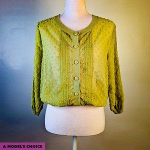 DARLING VINTAGE STYLE SHEER CHARTREUSE BUTTON CARDIGAN BLOUSE - WOMENS LARGE